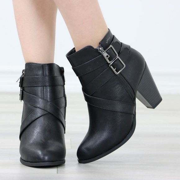 Black Ankle Boots High Heeled Booties Pointed Toe Chunky Cone Heel - Picture 10 of 12